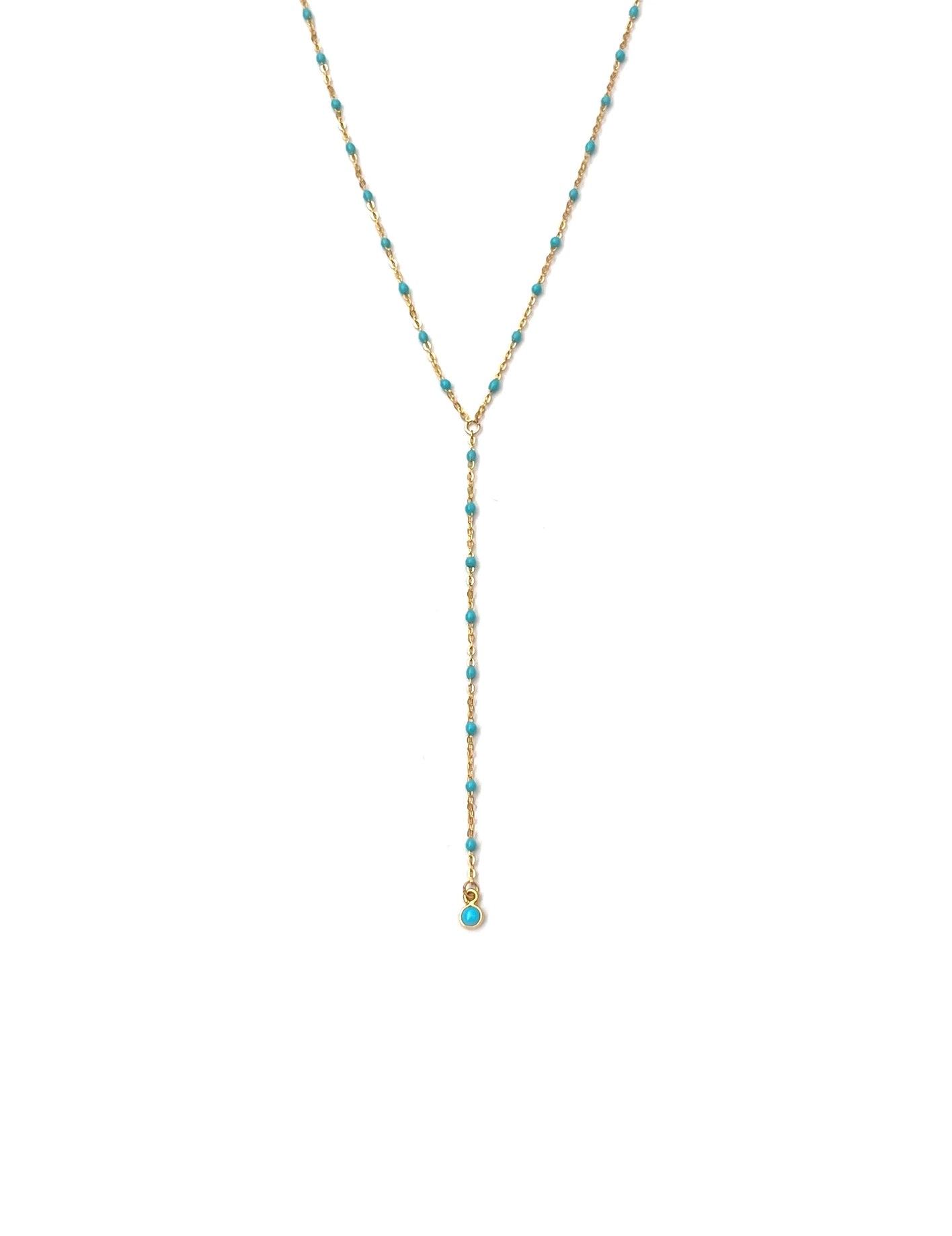 14K Enamel Bead Lariat Necklace with Gemstone Drop - Turquoise