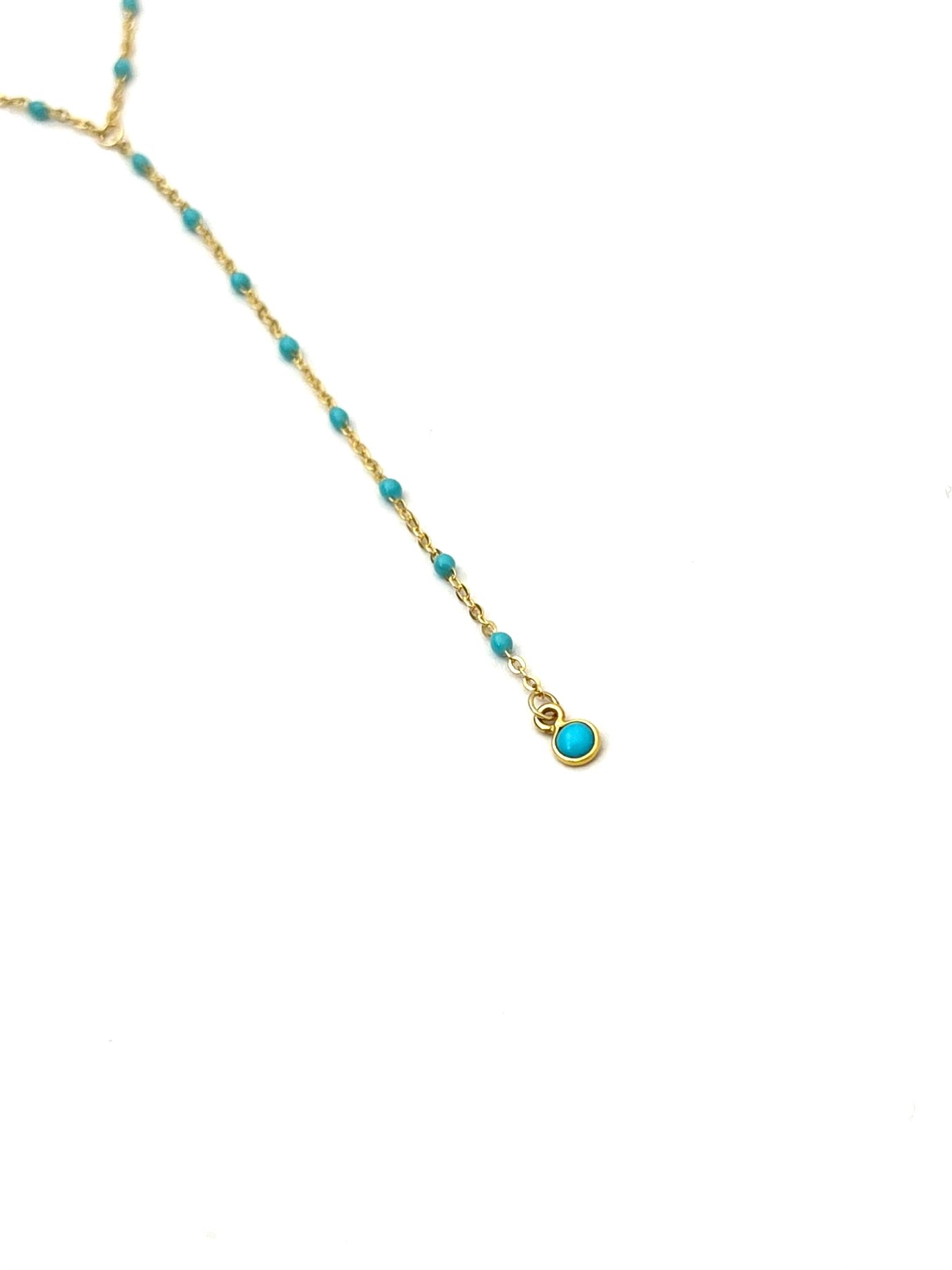 14K Enamel Bead Lariat Necklace with Gemstone Drop - Turquoise