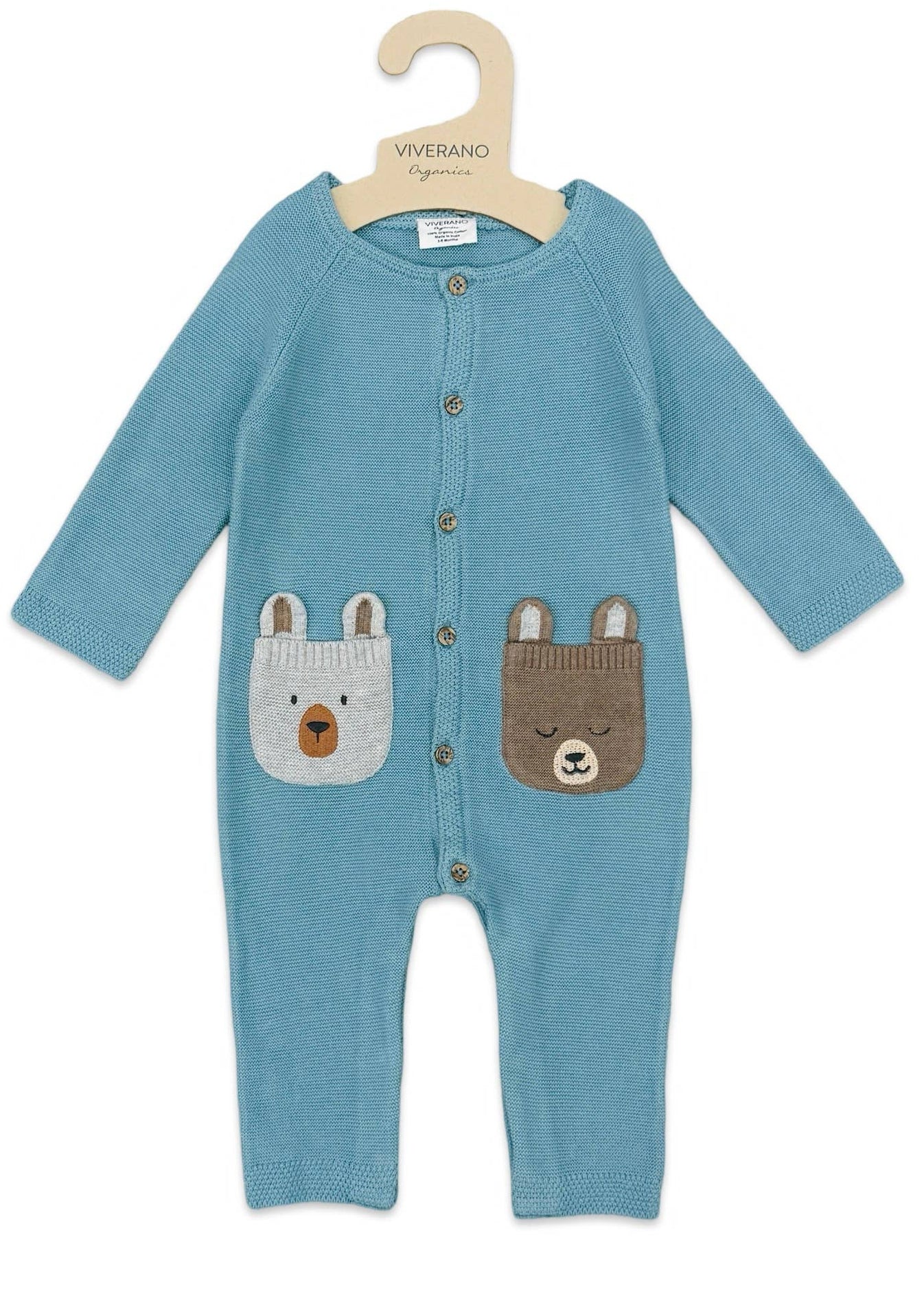 Organic Bear Embroidered Pocket Baby Romper - Ocean Teal