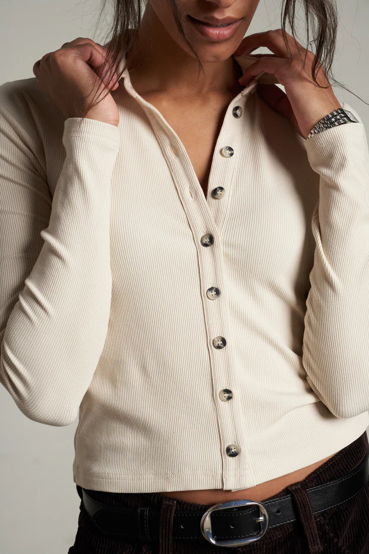 Amee Luxe Rib Button Up Polo - Sugar