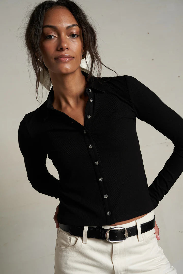 Amee Luxe Rib Button Up Polo - True Black