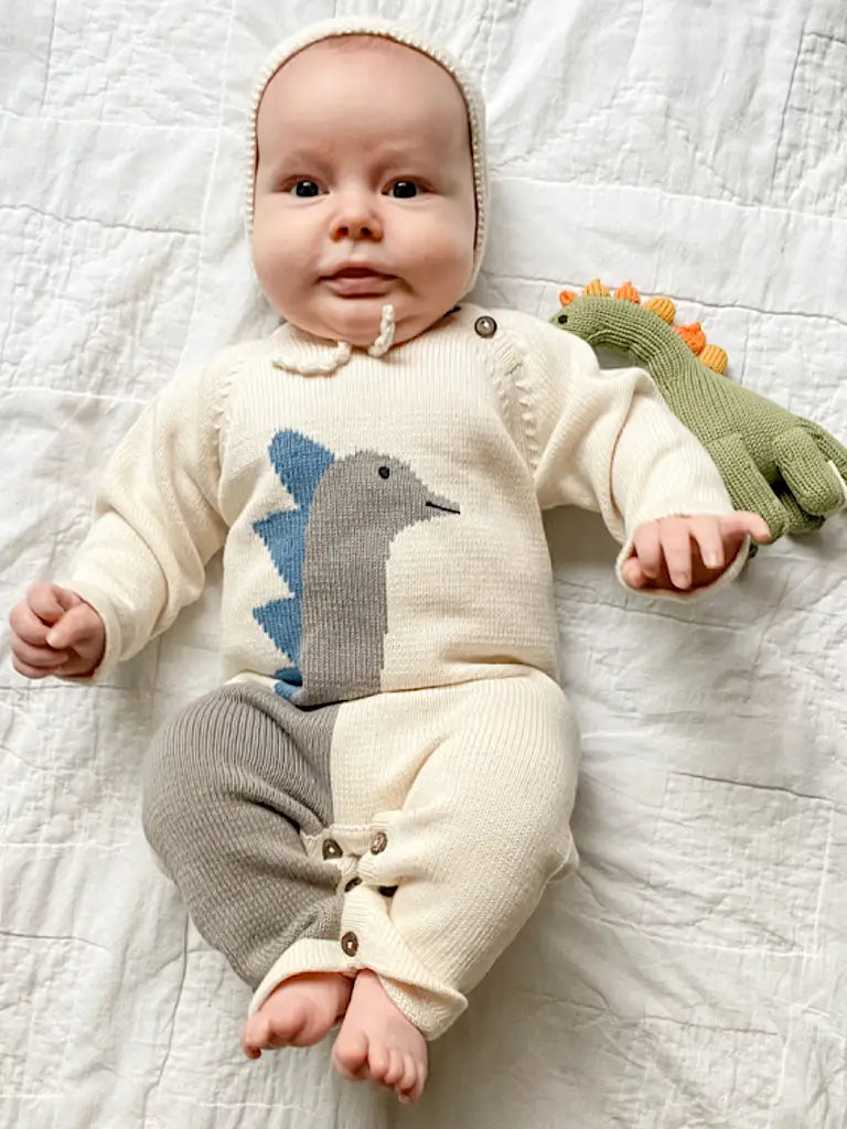 Organic Hand-Knit Baby Rattle - Dinosaur