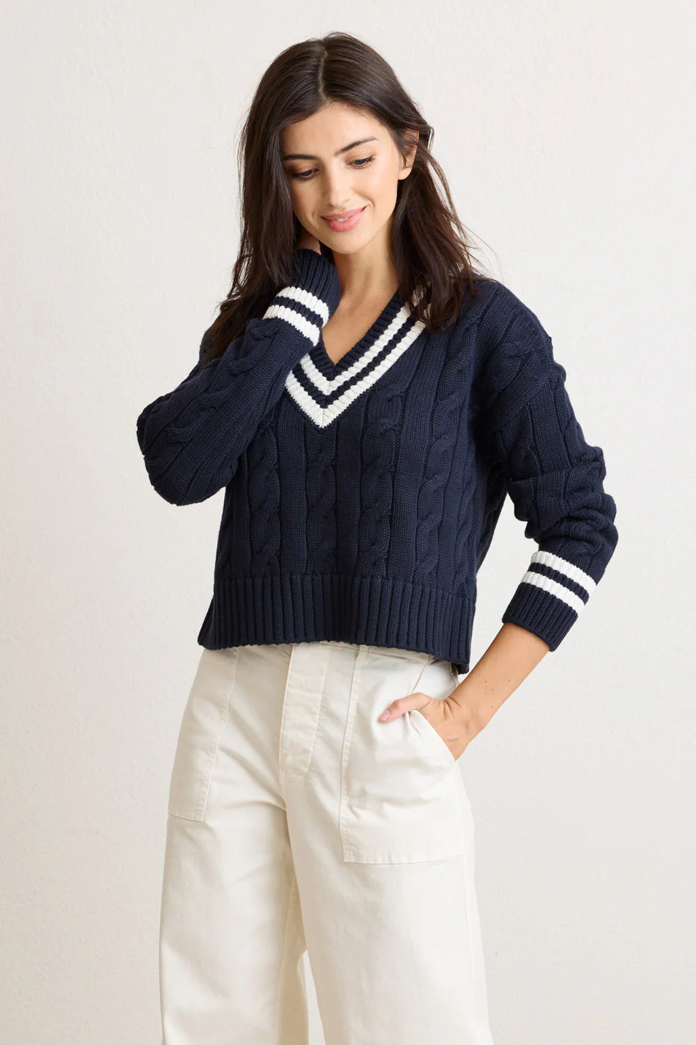 Blair Cable V-Neck Sweater -Navy