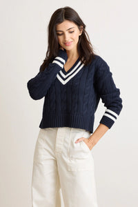 Blair Cable V-Neck Sweater -Navy