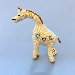 Organic Hand-Knit Baby Rattle - Blue Hearts