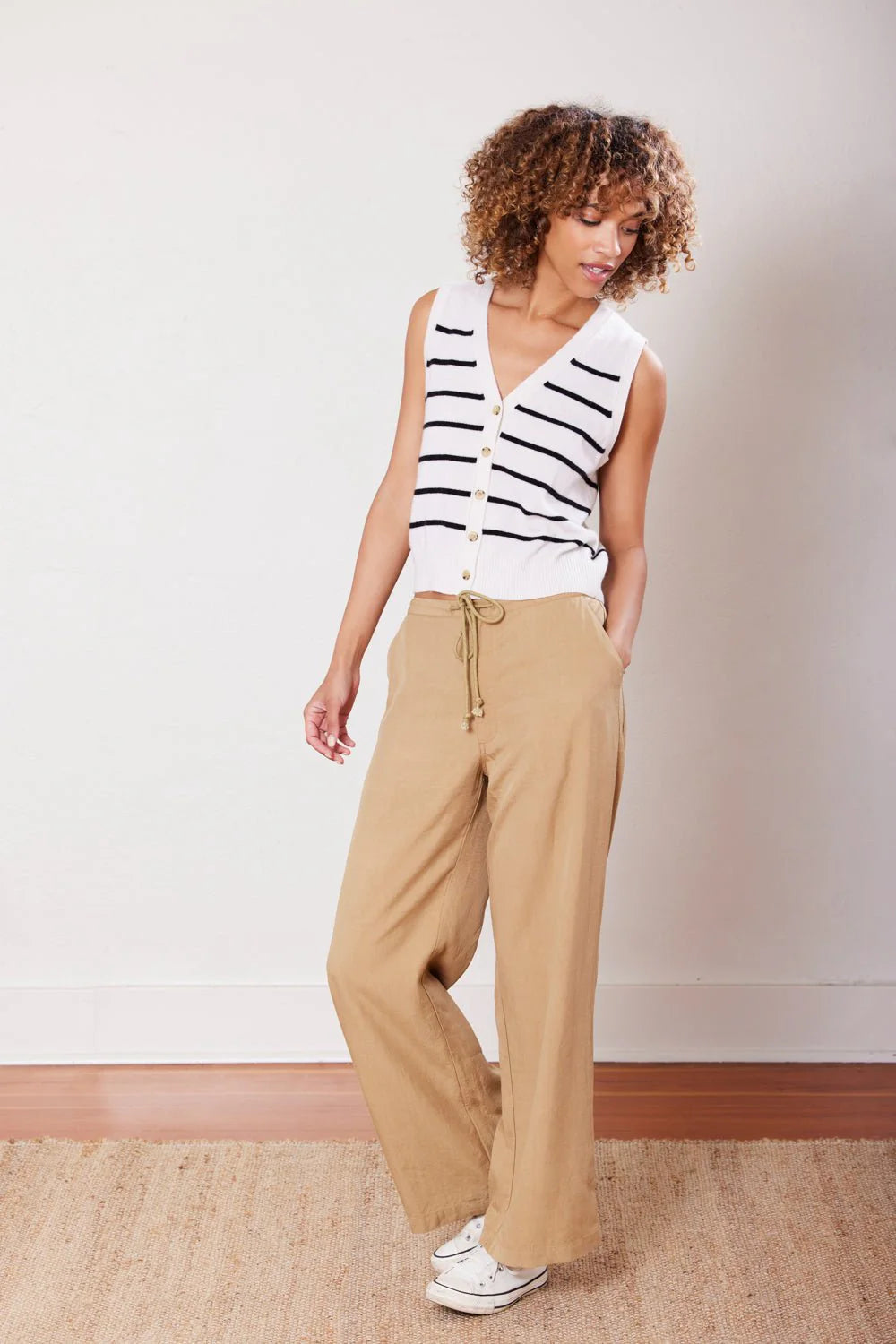 Cate Cashmere Button Down Vest - Ivory Stripe