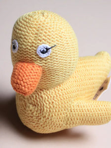 Organic Hand-Knit Baby Rattle - Yellow Duckie