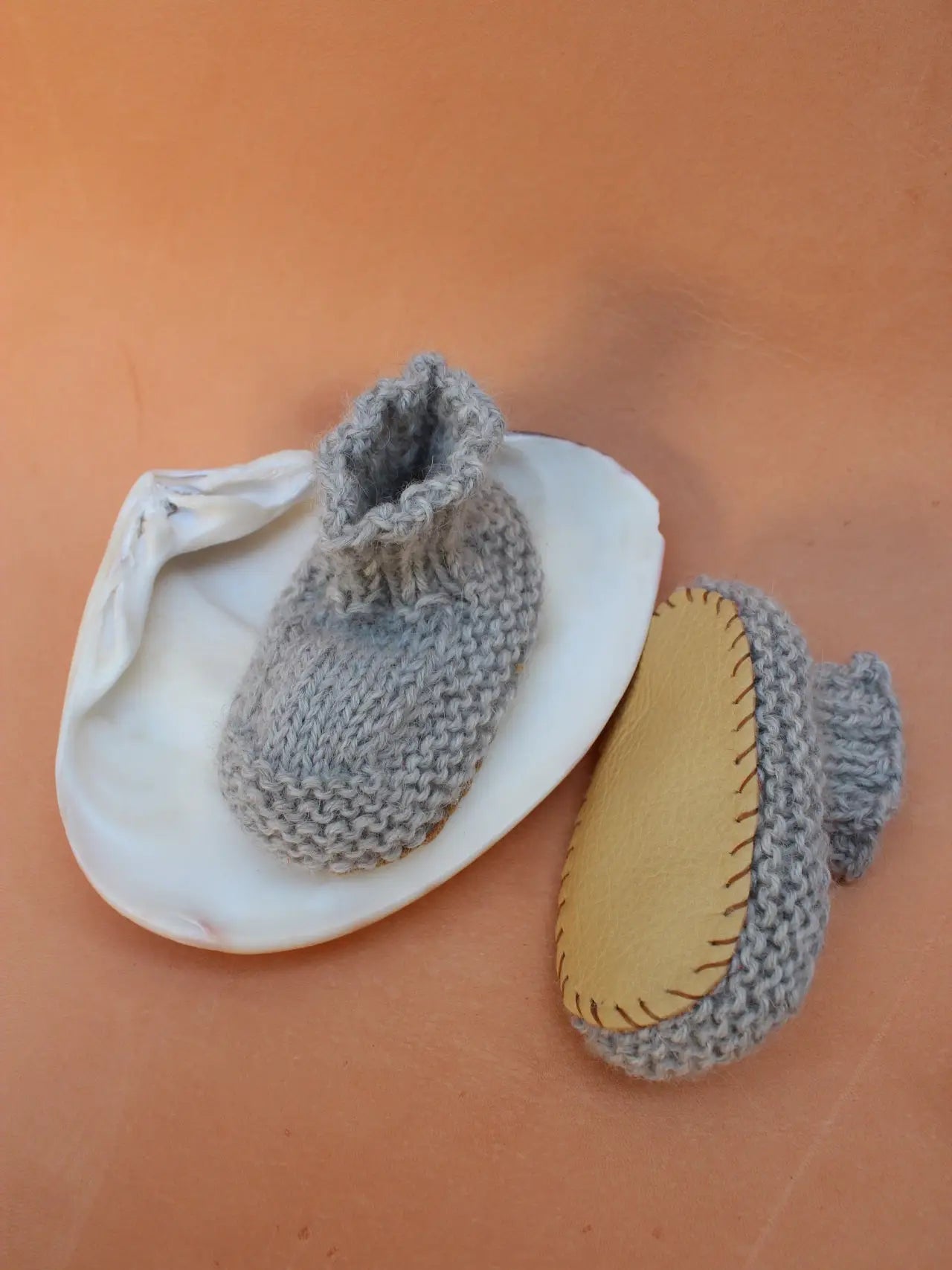 Knitted Bebe Booties- Stone + Chamomile Suede