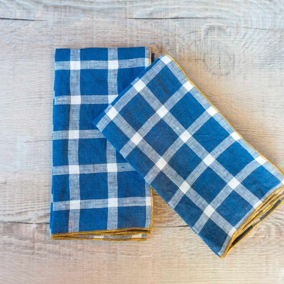 100% Linen Blue Checked Cloth Napkins