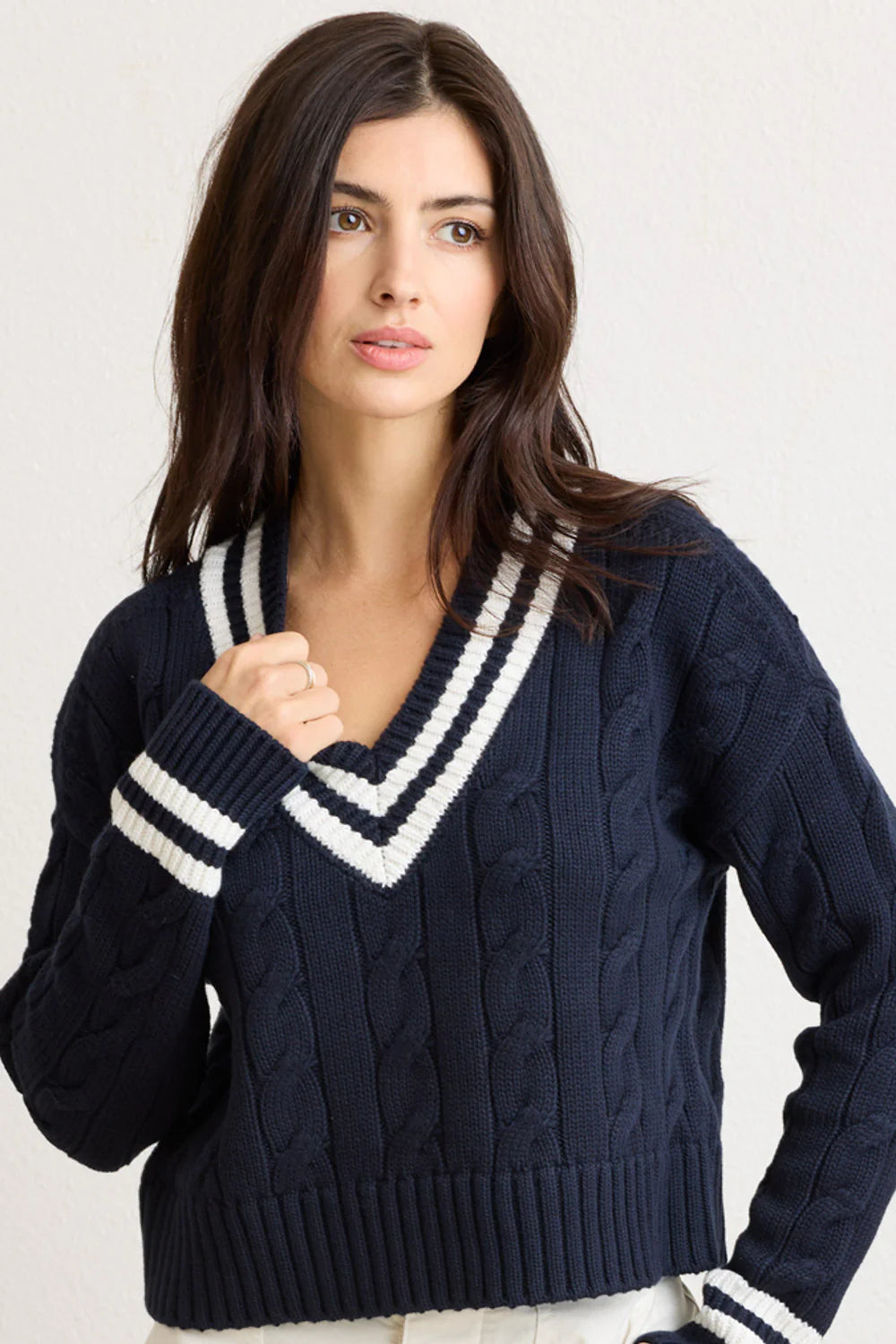 Blair Cable V-Neck Sweater -Navy