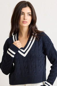 Blair Cable V-Neck Sweater -Navy