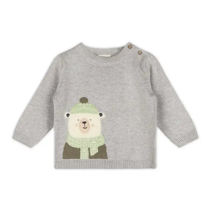 Polar Bear Jacquard Organic Cotton Knit Baby Sweater - Heather Grey