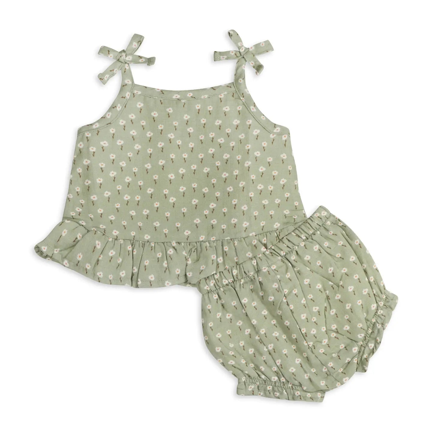 Sage Floral Shoulder Tie Baby Top + Shorts - Organic Muslin