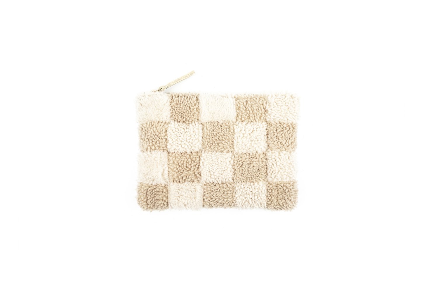 Patchwork Shearling Zipper Pouch - Beige Check